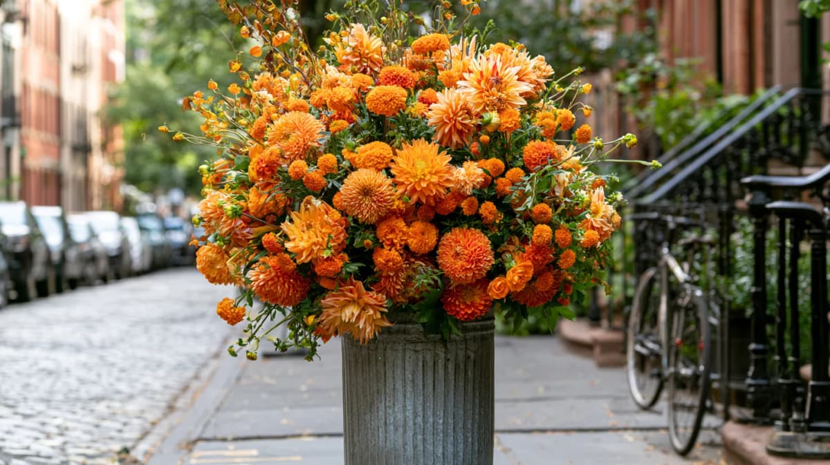 This week's sidewalk install on East Passyunk: marigolds, dahlias and zinnias.